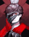  arsene_(persona_5) black_hair claws hand_on_another&#039;s_face kurusu_akira looking_at_viewer male_focus no_glasses persona persona_5 red_eyes smile totu 