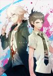  2boys black_hair black_necktie black_pants black_sweater blood collarbone copyright_name dangan_ronpa eyebrows_visible_through_hair grey_background hair_between_eyes hinata_hajime hood hooded_sweater index_finger_raised komaeda_nagito looking_at_viewer multiple_boys necktie pants sasakama_(f214) shirt short_sleeves silver_hair smile standing super_dangan_ronpa_2 sweater white_shirt yellow_eyes 