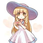  1girl :&lt; blonde_hair commentary dress green_eyes hat heart heart_background heart_hands kataro lillie_(pokemon) long_hair lowres pokemon pokemon_(game) pokemon_sm sleeveless sleeveless_dress solo sundress white_background white_dress white_hat 