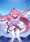 1girl bangs benghuai_xueyuan blue_sky blurry breasts clouds cloudy_sky crying day depth_of_field detached_sleeves eyebrows_visible_through_hair floating_hair holding_arms honkai_impact japanese_clothes kimono leaning_forward legs_apart lens_flare long_hair medium_breasts open_mouth outdoors pink_hair pink_skirt plaid plaid_skirt pleated_skirt rope shimenawa simple_background skirt sky solo sougishi_ego standing tears teeth thigh-highs thighs very_long_hair white_kimono white_legwear wide_sleeves yae_sakura_(benghuai_xueyuan) 