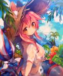  1girl ana_(rznuscrf) animal_ears beach bikini blue_bikini blush breasts day ears_through_headwear fate/extra fate/extra_ccc fate/grand_order fate_(series) flower fox_ears hat large_breasts long_hair looking_at_viewer ocean outdoors palm_tree palms parasol pink_hair see-through solo swimsuit tamamo_(fate)_(all) tamamo_no_mae_(swimsuit_lancer)_(fate) tree umbrella water wet wet_clothes yellow_eyes 