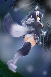  1girl animal_ears ass black_hair blue_eyes blush breasts cleavage forest fur_collar gessekai gloves grey_wolf_(kemono_friends) heterochromia highres kemono_friends long_hair long_sleeves looking_at_viewer looking_back medium_breasts multicolored_hair nature necktie night night_sky outdoors panties skirt sky solo star star_(sky) tail thigh-highs thighs two-tone_hair underwear wolf_ears wolf_tail yellow_eyes 