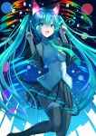  1girl :d abstract_background absurdres animal_ears aqua_eyes aqua_hair aqua_necktie bare_shoulders black_legwear black_skirt boots cat_ears collarbone commentary detached_sleeves eyebrows_visible_through_hair fake_animal_ears feet_out_of_frame hair_between_eyes hana_hebi hatsune_miku headphones highres long_hair necktie open_mouth paw_pose pleated_skirt shirt skirt sleeveless sleeveless_shirt smile solo standing tattoo teeth thigh-highs thigh_boots twintails upper_teeth vocaloid white_shirt zettai_ryouiki 