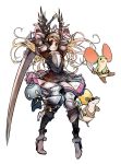  animal armor belt blonde_hair blue_eyes boots braid breastplate character_request copyright_request eyepatch feathers gauntlets helmet high_heel_boots high_heels long_hair mins_(minevi) mouse sack skirt sword tagme weapon white_background 