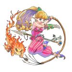  1girl :d blonde_hair blue_eyes blue_shoes breasts claw_(weapon) earrings ebi_typer flaming_weapon holding holding_spear holding_weapon jewelry leotard open_mouth pants pointy_ears polearm ponytail purim seiken_densetsu seiken_densetsu_2 shoes small_breasts smile solo spear striped striped_pants twisted_torso weapon whip 