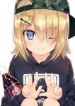  1girl ;d backwards_hat bangs baseball_cap blonde_hair blue_eyes blush bottle camouflage_hat character_request commentary_request double_w dr_pepper drawstring eyebrows_visible_through_hair eyes_visible_through_hair fang fushimi_sameta hair_between_eyes hair_ornament hair_over_one_eye hairclip hands_up hat highres holding holding_bottle hood hood_down hoodie long_sleeves looking_at_viewer one_eye_closed open_mouth original short_hair simple_background smile solo squatting teeth w white_background 
