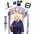  1girl chibi closed_eyes crying flower hair_flower hair_ornament kanikama long_hair lowres new_game! open_mouth purple_hair ribbon solo suzukaze_aoba translated twintails uniform white_background 