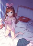  1girl a.i._channel bangs barefoot bed blue_eyes bra brown_hair dress_shirt eyebrows_visible_through_hair from_above full_body highres indoors kizuna_ai kneeling light_rays ling_ling_ling long_hair looking_at_viewer on_bed open_clothes open_shirt panties pink_bra pink_panties school_uniform shirt skirt skirt_removed smile solo swept_bangs thighhighs_removed underwear 