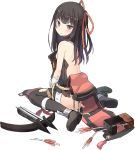  arrow back black_hair bowgun breasts broken broken_weapon full_body long_hair nanashina official_art oshiro_project oshiro_project_re quiver red_eyes sideboob sidelocks sitting solo thigh-highs torn_clothes transparent_background uchi_(oshiro_project) weapon 