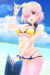  1girl :o beach breasts clouds fate/grand_order fate_(series) goggles highres hisayaki_kyuu lavender_hair skindentation sky solo swimsuit under_boob violet_eyes 