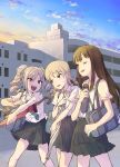  3girls blonde_hair blush brown_eyes brown_hair drill_hair green_eyes highres idolmaster idolmaster_cinderella_girls kanzaki_ranko morikubo_nono multiple_girls nametake necktie one_eye_closed open_mouth red_eyes school_uniform shibuya_rin short_hair silver_hair sketch twintails umbrella 