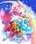  1girl ;d absurdres armpits blue_background blue_dress blue_eyes boots cure_parfait dress earrings elbow_gloves food_themed_hair_ornament full_body gloves hair_ornament hairband highres jewelry kirahoshi_ciel kirakira_precure_a_la_mode knee_boots long_hair looking_at_viewer magical_girl one_eye_closed open_mouth pink_hair pointing ponytail precure rainbow smile solo star v white_boots white_gloves white_wings wings yupiteru 