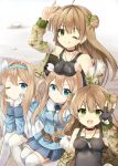  4girls ahoge ali_(wwwwwwrt) bare_shoulders belt between_breasts black_dress blue_eyes bow breast_rest breasts breasts_on_head brown_hair child choker coat dog_tags double_bun dress dual_persona eyebrows_visible_through_hair fingerless_gloves fur_trim girls_frontline gloves green_eyes hair_between_eyes hair_bow hairband head_rest jacket long_hair looking_at_viewer medium_breasts multiple_girls open_clothes open_jacket rfb_(girls_frontline) siblings sitting skirt strap_cleavage striped suomi_kp31_(girls_frontline) thigh-highs twins v vertical-striped_skirt vertical_stripes white_legwear winter_clothes winter_coat zettai_ryouiki 