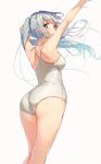  1girl arms_up ass blush breasts from_behind from_below green_eyes long_hair looking_at_viewer looking_back medium_breasts one-piece_swimsuit open_mouth original silver_hair simple_background solo swimsuit twintails white_background white_swimsuit wingheart 