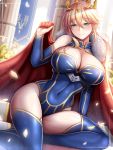  1girl absurdres ahoge armor arms_up artoria_pendragon_(all) artoria_pendragon_(lancer) bangs banner bare_shoulders blue_legwear blue_leotard blush braid breasts cape cleavage cleavage_cutout closed_mouth column covered_navel cross crown detached_collar eyebrows eyebrows_visible_through_hair eyelashes fate/grand_order fate_(series) flower french_braid fur-trimmed_cape fur_trim green_eyes guardian-panda hair_between_eyes highleg highleg_swimsuit highres holding holding_cape jewelry large_breasts leotard light_particles light_smile lily_(flower) long_hair looking_at_viewer navel petals pillar plant red_cape shiny shiny_clothes shiny_hair shiny_skin short_hair_with_long_locks simple_background sitting sitting_on_stairs smile solo stairs sunlight swept_bangs swimsuit thigh-highs waist wind window 