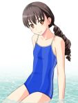  1girl blue_swimsuit brown_eyes brown_hair commentary_request drill_hair flat_chest isuzu_kokomi long_hair looking_at_viewer low_twintails one-piece_swimsuit partially_submerged reco_love satochi smile solo swimsuit twin_drills twintails water 