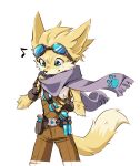  1boy animal_ears belt blue_eyes fingerless_gloves furry gloves goggles goggles_on_head male_focus musical_note nanashiba paladins pip_(paladins) potion scarf simple_background solo tail upper_body white_background 