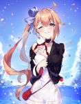  1girl ;3 animal bangs blonde_hair blue_bow blue_eyes blush bow closed_mouth day dress eyebrows_visible_through_hair fal_(girls_frontline) ferret fisheye ginon_(sjyh3466) girls_frontline hair_between_eyes hair_bow holding holding_animal jacket long_hair looking_at_viewer ocean one_eye_closed open_clothes open_jacket outdoors petals side_ponytail sidelocks smile solo sparkle very_long_hair white_dress 