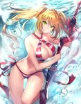  1girl aestus_estus ahoge bangs bikini blonde_hair breasts cleavage closed_mouth criss-cross_halter day eyebrows_visible_through_hair fate/grand_order fate_(series) green_eyes hair_intakes halter_top halterneck highres holding holding_sword holding_weapon large_breasts long_hair looking_at_viewer navel nero_claudius_(swimsuit_caster)_(fate) ocean outdoors saber_extra solo sparkle striped striped_bikini swimsuit sword thighs touwa_nikuman tsurime twintails weapon 