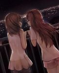  2girls bare_shoulders brown_eyes brown_hair city city_lights cityscape close-up from_behind highres long_hair looking_at_another missile228 multiple_girls night night_sky one_side_up open_mouth original railing short_hair short_sleeves shorts sky smile standing star_(sky) starry_sky 