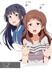  2girls absurdres black_hair blue_eyes blush breasts brown_eyes brown_hair highres idolmaster idolmaster_million_live! j.roswel kitazawa_shiho long_hair looking_at_viewer medium_breasts mogami_shizuka multiple_girls open_mouth personality_switch smile 