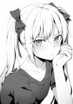  1girl alexmaster bangs blouse blush bow closed_mouth collarbone eyebrows_visible_through_hair greyscale hair_bow hand_on_own_cheek hand_up highres lips long_hair looking_at_viewer monochrome original short_sleeves sidelocks simple_background solo tsurime twintails upper_body 