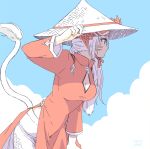  1girl cat_tail chinese_clothes cleavage_cutout clouds facial_mark final_fantasy final_fantasy_xiv flat_color hand_on_headwear hat leaning_forward lili_mdoki long_hair miqo&#039;te profile rice_hat side_ponytail side_slit signature sketch sky solo straw_hat tail white_hair 