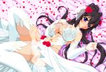  1girl abs akino_masoho bed black_hair blue_eyes blush breasts bridal_veil cleavage dress elbow_gloves embarrassed flower gloves hair_flower hair_ornament infinite_stratos large_breasts long_hair looking_at_viewer lying navel on_back parted_lips shinonono_houki smile solo veil wedding_dress 