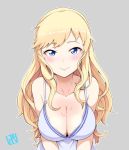  1girl artist_logo blonde_hair blush bowieknife breast_squeeze breasts cleavage closed_mouth collarbone grey_background hair_down idolmaster idolmaster_cinderella_girls large_breasts long_hair looking_at_viewer o-ring_top ootsuki_yui sidelocks simple_background smile solo sweat upper_body 