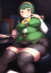  1girl absurdres belly big_belly blush breasts fat finger_to_cheek fusa_(starless2323) green green_hair headset highres large_breasts love_handles otonashi_kotori plump short_hair sitting skirt smile thick_thighs thigh-highs thighs undersized_clothes 