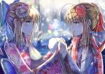  2girls ahoge artoria_pendragon_(all) blonde_hair blue_bow blue_flower bow eye_contact fate/stay_night fate_(series) flower gloves green_eyes hair_bow hair_flower hair_ornament hair_ribbon hairclip japanese_clothes kimono long_hair looking_at_another multiple_girls nikek96 obi red_flower red_ribbon red_scarf ribbon saber sash scarf snowflakes tears upper_body white_gloves yukata 