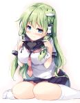  1girl alternate_costume bangs black_panties blue_eyes blue_skirt blush bow bow_panties breasts closed_mouth contemporary eyebrows_visible_through_hair frog_hair_ornament green_hair hair_ornament hair_tubes holding holding_panties kochiya_sanae long_hair looking_at_viewer medium_breasts miyase_mahiro neckerchief no_shoes panties pleated_skirt school_uniform serafuku short_sleeves sidelocks simple_background sitting skirt snake_hair_ornament socks solo touhou underwear wariza white_background white_bow white_legwear 