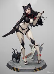  1girl :d absurdres animal_ears black_cat black_hair bodysuit breasts cat cat_ears character_name collar commentary concrete full_body hairband head_tilt highres holding holding_sword holding_weapon kim_han_seul leaning_forward leaning_to_the_side long_hair medium_breasts open_mouth original rebar sheath sheathed slit_pupils smile standing sword weapon yellow_sclera 