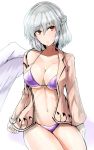  1girl bangs bikini braid breasts brown_eyes closed_mouth cowboy_shot eyebrows_visible_through_hair french_braid hair_between_eyes highres jacket kishin_sagume large_breasts looking_at_viewer navel open_clothes open_jacket purple_bikini short_hair silver_hair simple_background single_wing solo swimsuit touhou white_background white_wings wings y2 