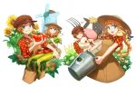  1boy 1girl :d ;) animal animal_on_shoulder bird blonde_hair blue_eyes braid brown_dress brown_hat chick chicken corn cow dress farm flower grin harvest_moon hat heart holding holding_animal long_hair looking_at_another nanami_(story_of_seasons:_trio_of_towns) nekorin_(nekoforest) one_eye_closed open_mouth overalls pitchfork plaid plaid_shirt shirt short_hair smile story_of_seasons:_trio_of_towns straw_hat sun_hat sunflower tomato twin_braids windmill 