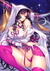  1girl breasts cleavage fate/extra fate/extra_ccc fate_(series) highres horns large_breasts long_hair looking_at_viewer panties piromizu purple_hair sesshouin_kiara thigh-highs underwear 