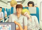  5boys black_hair blonde_hair brown_hair bus camera character_request facial_hair facing_viewer ground_vehicle head_on_shoulder index_finger_raised jewelry motor_vehicle multiple_boys naji_0337 necklace one_outs pocket satoshi_ideguchi shirt sleeping spiky_hair tokuchi_toua white_shirt 