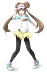  1girl black_legwear blue_eyes blush bra bra_strap brown_hair collarbone double_bun full_body highres kagkfc1z long_hair looking_at_viewer mei_(pokemon) open_mouth pantyhose pink_bra pokemon pokemon_(game) pokemon_bw2 skirt smile solo twintails underwear yellow_skirt 