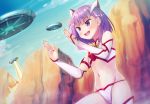  &gt;:d 1girl :d bangs bikini blush day detached_sleeves explosion fate/grand_order fate_(series) female hands_up headgear helena_blavatsky_(fate/grand_order) helena_blavatsky_(swimsuit_archer)_(fate) laser masaki_kei navel open_mouth outdoors purple_hair short_hair smile solo space_craft swimsuit teeth ultra_series violet_eyes white_bikini 