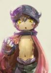  1boy brown_hair cape collar helmet highres horned_headwear made_in_abyss male_focus mechanical_arms navel nipples no_shirt open_mouth regu_(made_in_abyss) solo yellow_eyes 