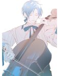  1boy alternate_costume bangs black_pants blue_hair blue_ribbon cello closed_eyes closed_mouth commentary cowboy_shot facing_viewer frilled_shirt_collar frills hair_ribbon highres holostars holostars_english ika_20 instrument male_focus music neck_ribbon pants parted_bangs pillarboxed playing_instrument regis_altare ribbon shirt sleeves_past_wrists solo virtual_youtuber white_shirt 