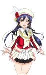  1girl artist_request bangs beret blazer blue_hair bow brown_eyes earrings feather_beret flower frilled_shirt frills hair_between_eyes hat jacket jewelry long_hair looking_at_viewer love_live! love_live!_school_idol_festival love_live!_school_idol_festival_after_school_activity love_live!_school_idol_project necktie official_art open_mouth shirt skirt smile solo sonoda_umi sore_wa_bokutachi_no_kiseki transparent_background 