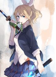  0218htt 1girl ayase_eli black_jacket blonde_hair blood blood_on_face blue_eyes blue_skirt bow cowboy_shot dress_shirt dual_wielding eyebrows_visible_through_hair green_ribbon hair_bow hair_ribbon high_ponytail highres holding holding_sword holding_weapon jacket long_hair love_live! love_live!_school_idol_project miniskirt open_clothes open_jacket pleated_skirt ribbon shirt skirt solo standing striped striped_ribbon sword weapon white_ribbon white_shirt 