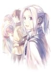  1girl 2boys :d alfreed_(arslan_senki) arslan arslan_senki artist_signature bangs belt blue_eyes breasts brown_eyes brown_hair cape elam facial_mark hand_on_hip hand_up highres long_sleeves looking_at_another looking_at_viewer looking_to_the_side medium_breasts medium_hair multiple_boys open_mouth pale_color ponytail shirt short_hair signature silver_hair simple_background smile umishima_senbon white_background yellow_shirt 