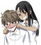  1boy 1girl 774_(nanashi) black_hair blush brown_eyes brown_hair cheek_pinching dark_skin eyebrows_visible_through_hair flying_sweatdrops grin hachiouji hair_ornament long_hair looking_at_viewer messy_hair nagatoro nervous_smile original pinching raised_eyebrow shirt short_hair simple_background smile sweat teeth upper_body wavy_mouth white_background white_shirt 