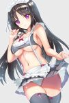  1girl black_hair black_legwear blush breasts cleavage closed_mouth collarbone eyebrows_visible_through_hair highres large_breasts long_hair looking_at_viewer maid maid_headdress navel original panties smile solo thigh-highs ukamaru under_boob underwear violet_eyes white_panties 