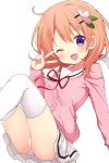  1girl ;d bangs blush buttons eyebrows_visible_through_hair gochuumon_wa_usagi_desu_ka? hair_ornament hand_up hoto_cocoa itamochi long_sleeves looking_at_viewer one_eye_closed open_mouth orange_hair panties pleated_skirt red_ribbon ribbon school_uniform serafuku short_hair simple_background skirt smile solo thigh-highs underwear v_over_eye violet_eyes white_background white_legwear white_panties white_skirt 