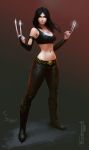  1girl 2016 abs absurdres artist_name bangs bare_shoulders black_hair black_legwear boots breasts cleavage collarbone denim elbow_gloves full_body gloves highres jeans long_hair looking_at_viewer marvel midriff navel pants parted_bangs signature skin_tight solo standing tarakanovich x-23 x-men 