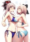  2girls :t ahoge akita_hika angry aqua_bikini ass asymmetrical_docking bikini blue_bikini_bottom blue_eyes blush bow breast_envy breast_press breasts cowboy_shot eyebrows_visible_through_hair fate/grand_order fate_(series) flying_sweatdrops hair_bow highres koha-ace large_breasts looking_away miyamoto_musashi_(fate/grand_order) multiple_girls navel pink_hair profile sakura_saber short_ponytail side-tie_bikini simple_background single_sidelock steam sweatdrop swimsuit symmetrical_docking white_background 