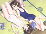  2girls :o ass barefoot black_hair blue_eyes blue_swimsuit bow dktaka fan feet floral_print food foot_up from_above holding holding_fan knees_up looking_at_viewer lying mosquito_coil multiple_girls old_school_swimsuit on_back on_stomach original paper_fan pillow popsicle school_swimsuit short_hair soles sweat swimsuit tatami toes uchiwa w_arms white_school_swimsuit white_swimsuit wrapper 